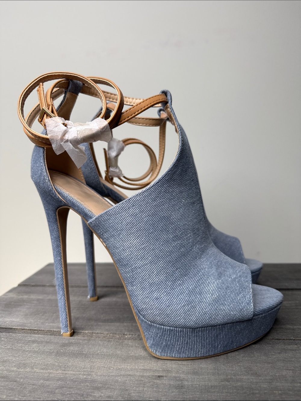 Shoe Dazzle Light Blue Denim Platform Ankle-Tie Stilettos